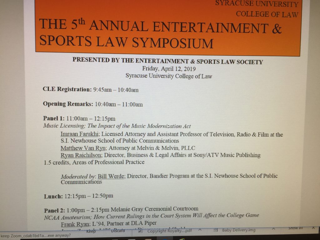 Panelist at SU Law Entertainment & Sports Law Symposium